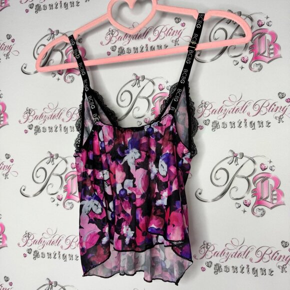 Bcbg tank top crop floral mesh black pink purple white logo straps sexy cute - Picture 3 of 9